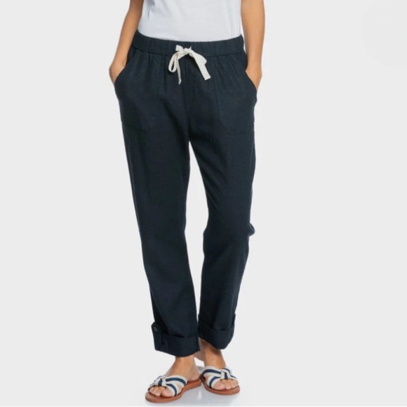 Roxy On The Seashore High Rise Linen Blend Pants Medium Black Elastic Waist NWT - Picture 1 of 9